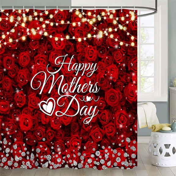 VEIVIAN Happy Mothers' Day Shower Curtain, Glitter Diamond Shower Curtains, Rose Flowers Shower Curtain, Romantic Red Floral Bathroom Curtain Decor with 12 Hooks, 72x72 Inches