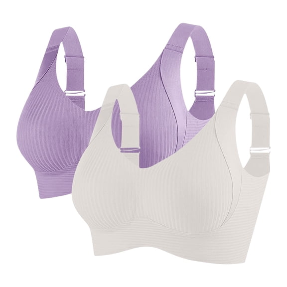 VEKDONE 2 Pack Sports Bra for Women Full Coverage Wireless Stretchy Workout Bras Adjustable Strap No Underwire Push Up Brassiere Everyday Bra Purple Size L