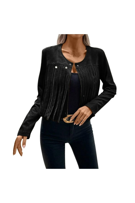 2025 Clearance Fringe Jacket Women Western Faux Suede Leather Cardigan Jacket Cowboy Style Long Sleeve Solid Color Tassels Coat
