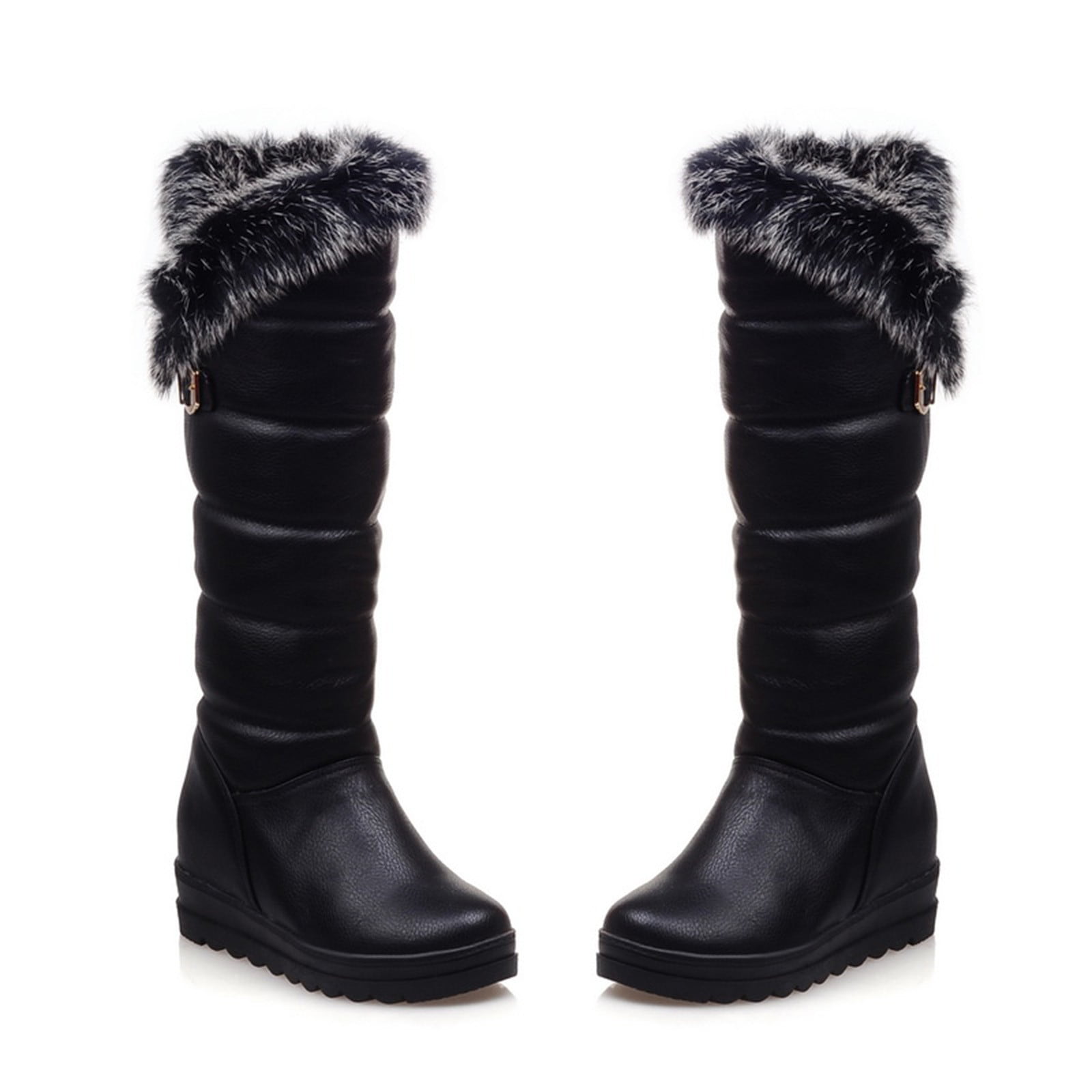 Black Metal Buckle Flat Knee-High Boots Woman Winter 2023 Slip-On