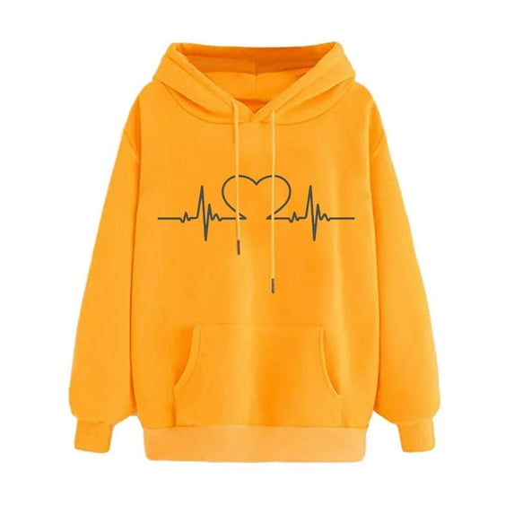 VEKDONE 2024 Clearance Long Sleeve Hoodie Sweatshirt for Women Casual Graphic Heartbeat Print Hooded Tops 2024 Trendy Drawstring Pullover with Pockets Fall Soft Comfy Blouse