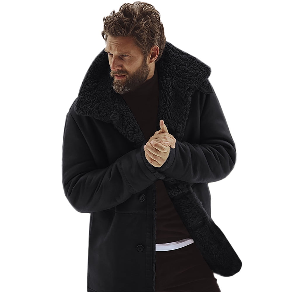 Men's Fleece Sherpa Lined Casual Trucker Jacket Outwears Winter Warm Fur  Shawl Collar Quilted Trench Coat Parka Pea Coat