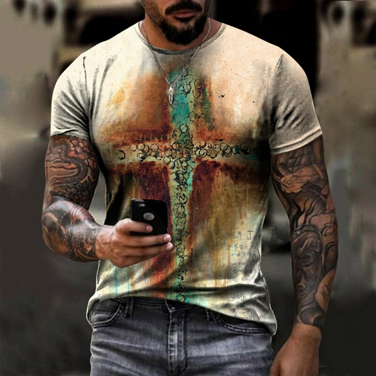 VEKDONE 2023 Clearance Men's Vintage Oil Painting Faith Jesus Cross Print  Casual T-Shirt Round Neck Pullover Sweatshirt Short Sleeve Shirts