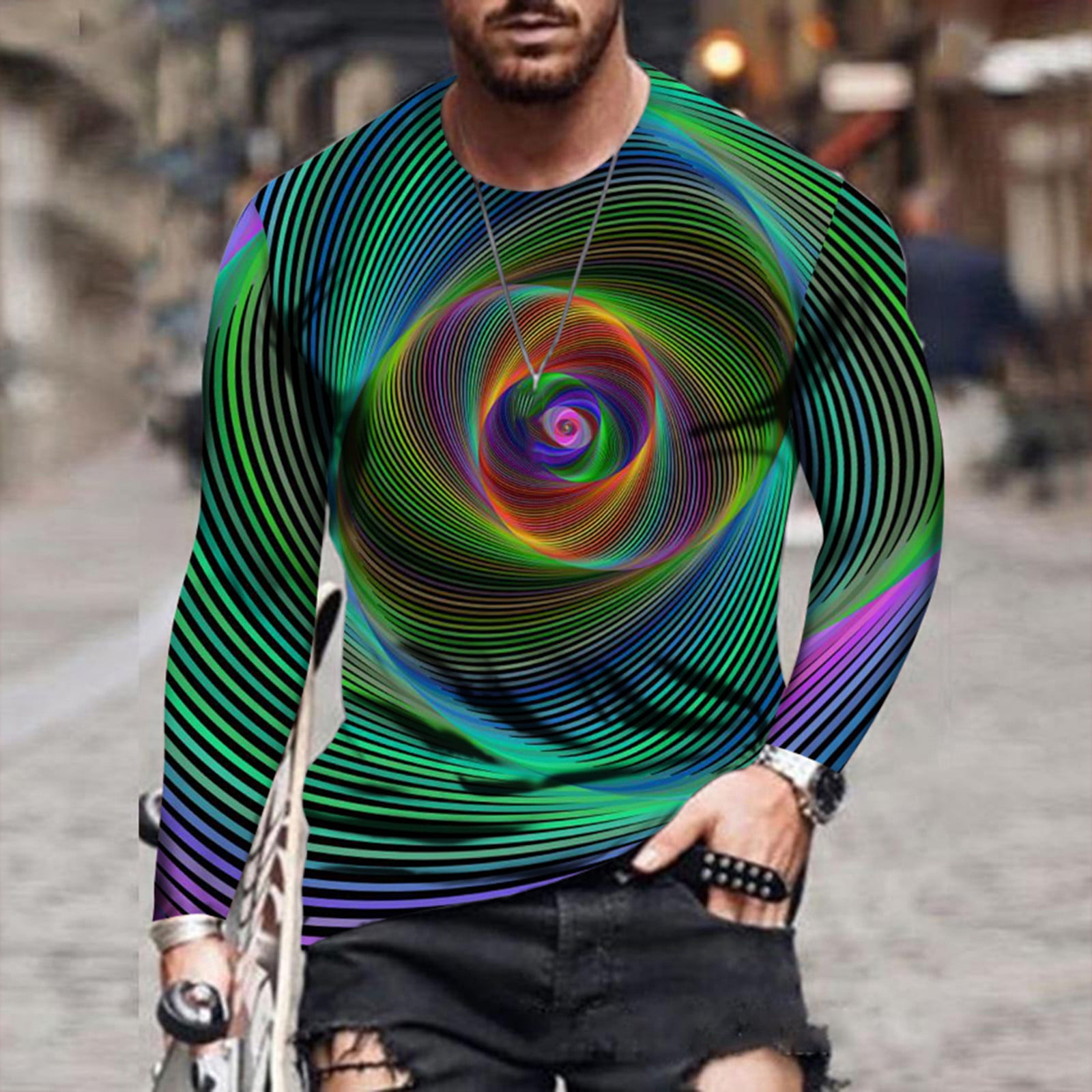 Vekdone Mens 3D Gradient Color Vertigo Graphic Tees Fashion Plus Size Crewneck T-Shirt Print Trend Long Sleeve Tops, Men's, Size: 3XL, Green