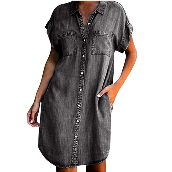VEKDONE 2025 Women Denim Shirt Dresses Cap Short Sleeve Distressed Jean Dress Button Down Casual Tunic Top with Pockets, Dresses for Becah Vacation