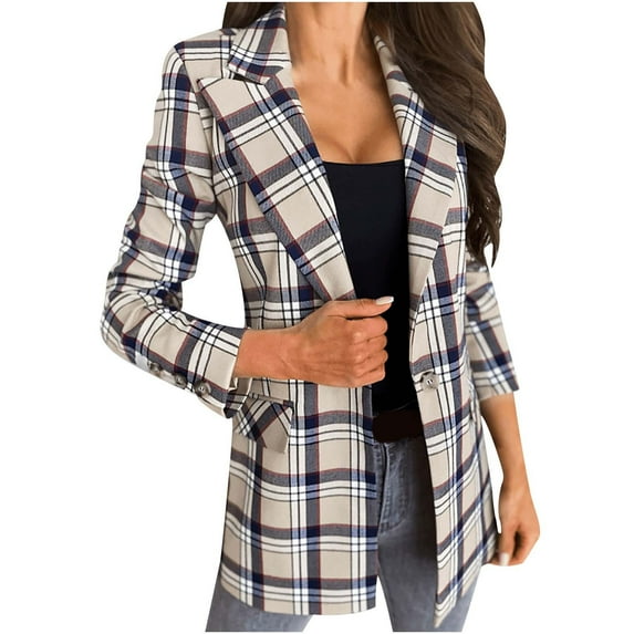 VEKDONE 2023 Fall Deal Women's Casual Work Office Blazer Jacket Business Casual Coat with Pockets Trendy Plaid Blouse Button Outwear Fall Winter Slim Lapel Outdoor Blazers Jackets