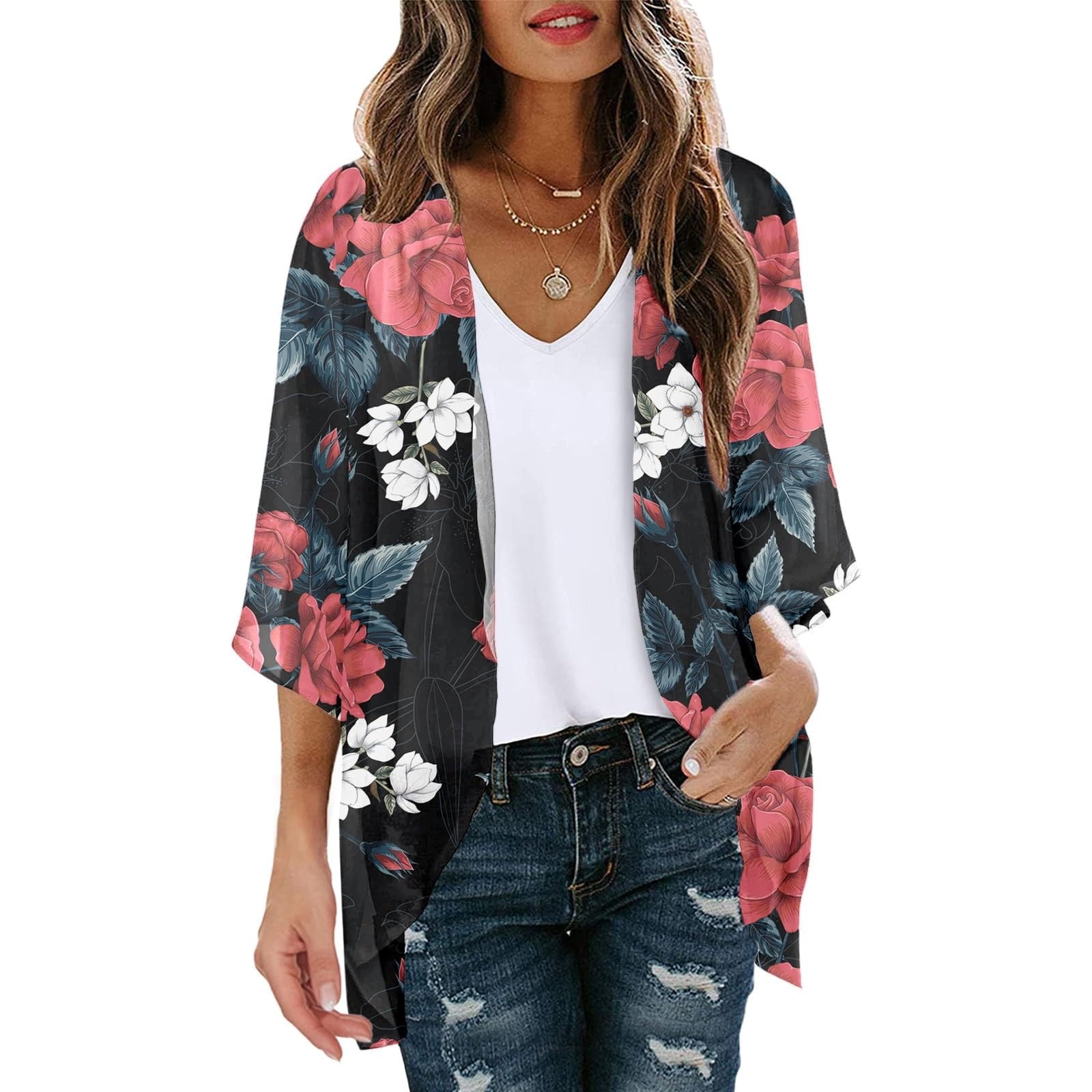 VEKDONE 2024 Walmart Week Deals Floral Short Sleeve Cardigans for Women ...