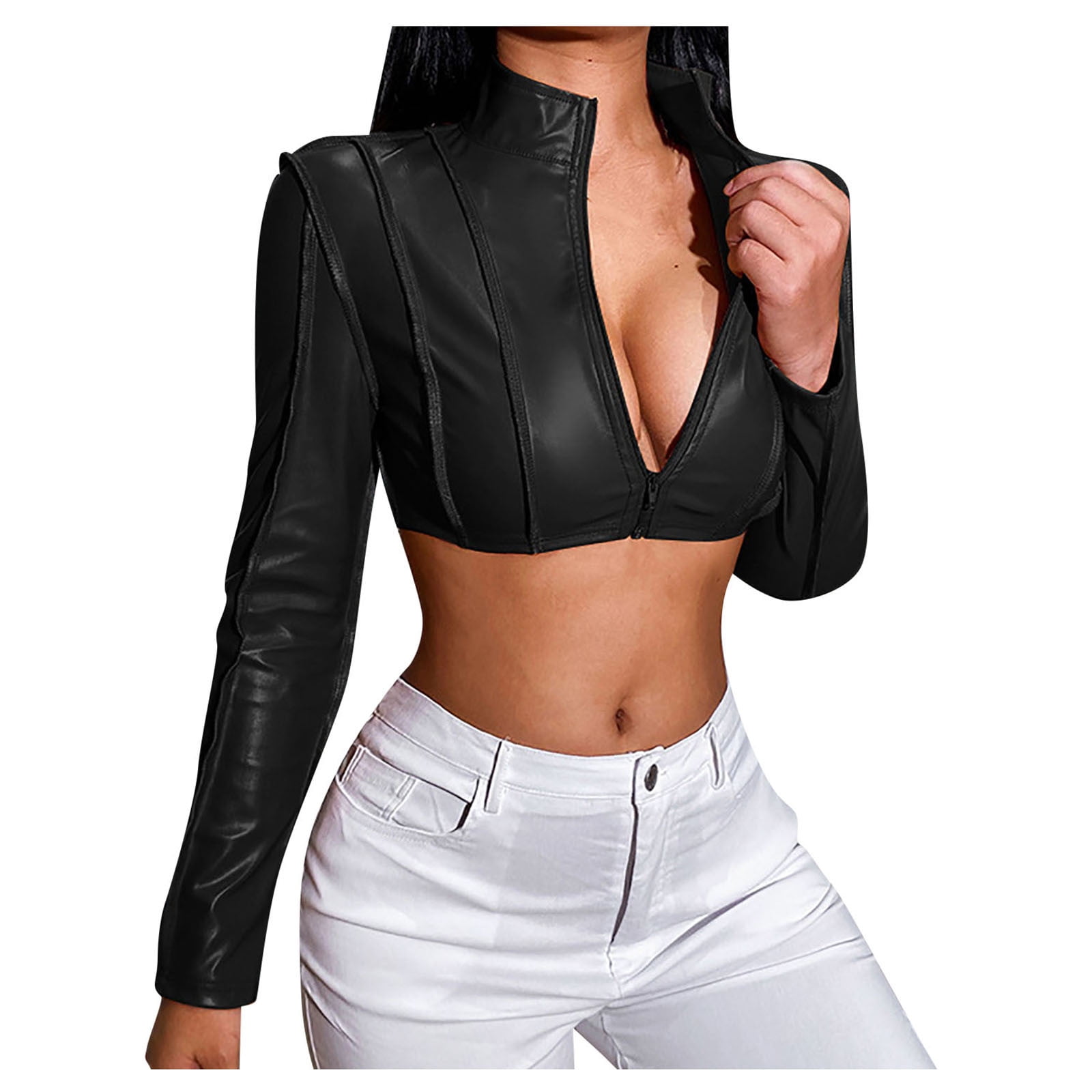 Leather Collar Cropped Coat