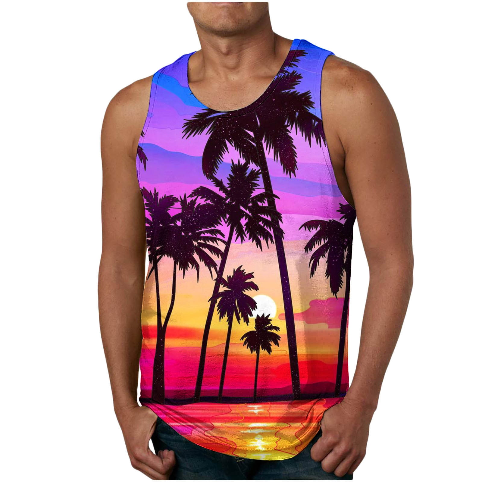 VEKDONE 2024 Hawaiian Tank Tops for Men Palm Tree Tropical Graphic Tees