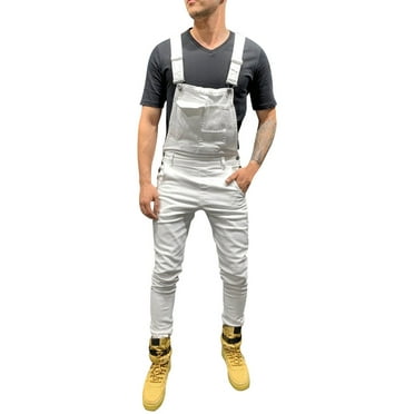VEKDONE 2025 Men's Casual Denim Bib Overalls Slim One-Piece Jumpsuits Washed Jeans Ripped Long Rompers Trousers A White,Small