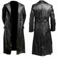 thumbnail image 1 of VEKDONE 2025 Clearance Black Leather Trench Coat Mens Full Length,Leather Duster Coat Long Warm Winter Overcoat for Men, 1 of 7