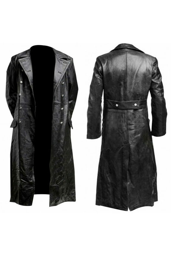 2025 Clearance Black Leather Trench Coat Mens Full Length,Leather Duster Coat Long Warm Winter Overcoat for Men