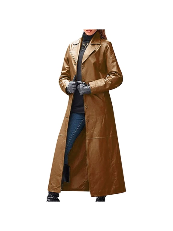2025 Clearance Extra Long Leather Jacket, Women PU Leather Long Trench Jacket Overcoat Zipper Windbreaker Tight Dress Coat Plus Size