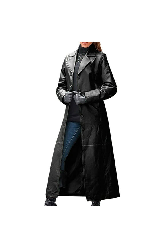 2025 Clearance Extra Long Leather Jacket, Women PU Leather Long Trench Jacket Overcoat Zipper Windbreaker Tight Dress Coat Plus Size
