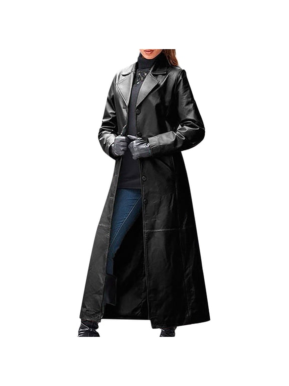 2025 Clearance Extra Long Leather Jacket, Women PU Leather Long Trench Jacket Overcoat Zipper Windbreaker Tight Dress Coat Plus Size