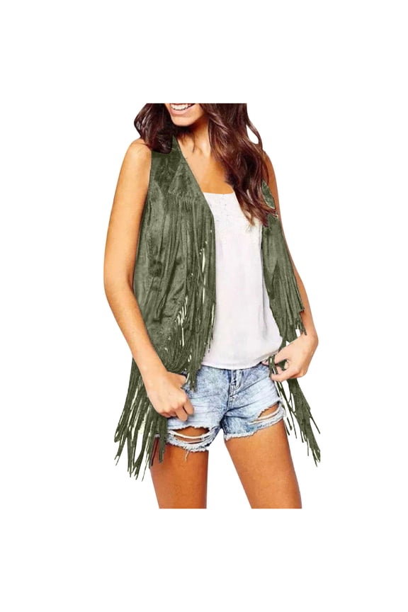 2025 Clearance Fringe Jacket Women Western Faux Suede Leather Cardigan Jacket Cowboy Style Long Sleeve Solid Color Tassels Coat
