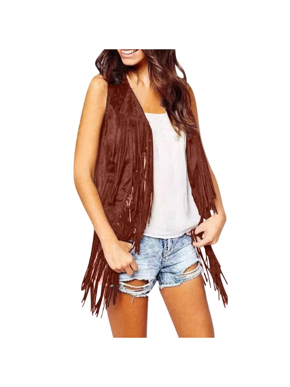 2025 Clearance Fringe Jacket Women Western Faux Suede Leather Cardigan Jacket Cowboy Style Long Sleeve Solid Color Tassels Coat