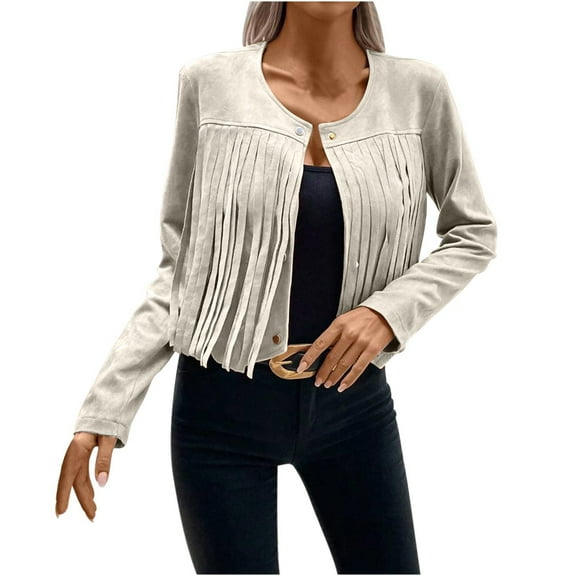 VEKDONE 2025 Clearance Fringe Jacket Women Western Faux Suede Leather Cardigan Jacket Cowboy Style Long Sleeve Solid Color Tassels Coat