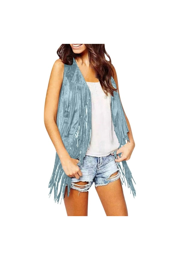 2025 Clearance Fringe Jacket Women Western Faux Suede Leather Cardigan Jacket Cowboy Style Long Sleeve Solid Color Tassels Coat