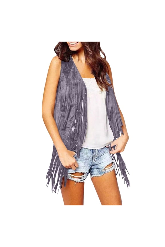 2025 Clearance Fringe Vest Women Faux Suede Open-Front Vintage Vest Sleeveless 70s Hippie Clothes Boho Western Jacket