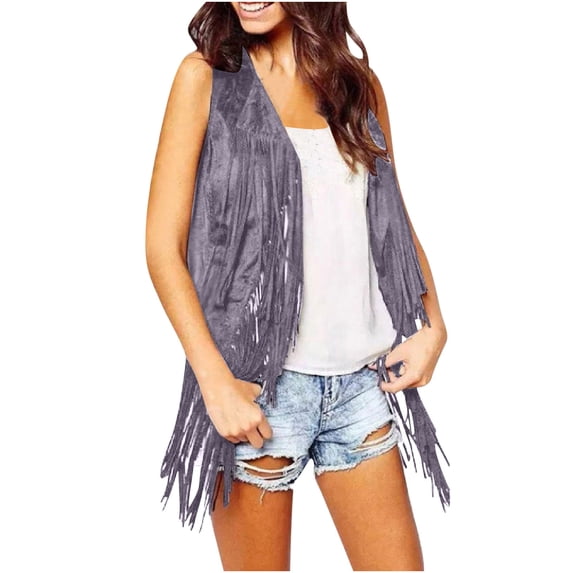 VEKDONE 2026 Fringe Vest Women Faux Suede Open-Front Vintage Vest Sleeveless 70s Hippie Clothes Boho Western Jacket