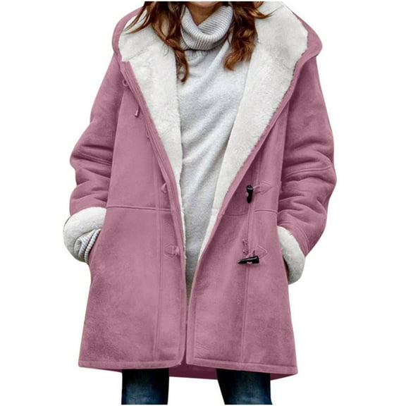 VEKDONE 2026 Hoodie Jackets for Women Fall Winter Thickened Plush Long Sleeve Coat with Pockets Trendy Horn Button Solid Color Warm Hooded Outwear Pink XXL