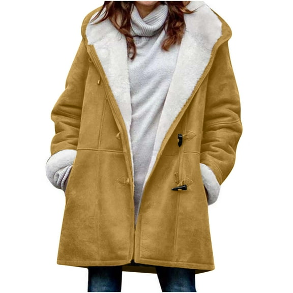 VEKDONE 2026 Hoodie Jackets for Women Fall Winter Thickened Plush Long Sleeve Coat with Pockets Trendy Horn Button Solid Color Warm Hooded Outwear Yellow L