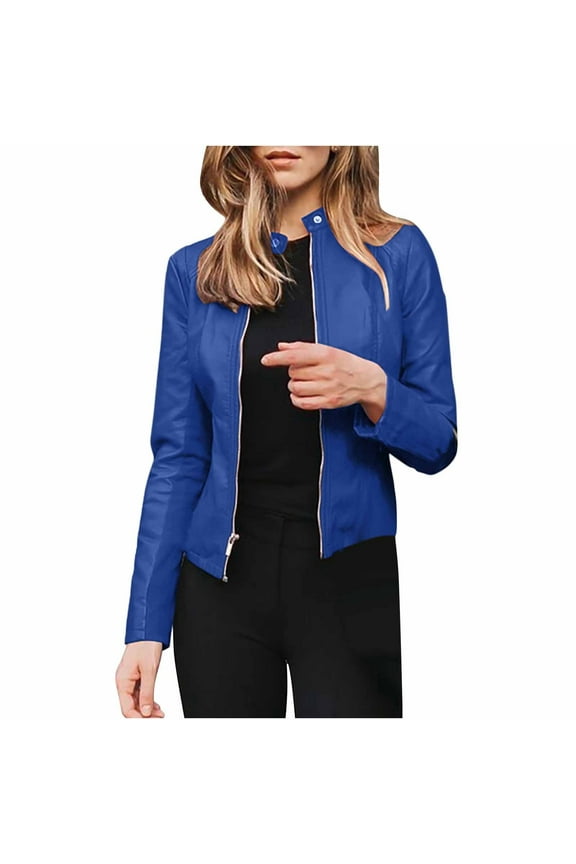 Women Faux Leather Motorcycle Cropped Jacket Fall Casual Bomber Jacket Short Coat 2025 Clearance on Sale Dark Blue XL