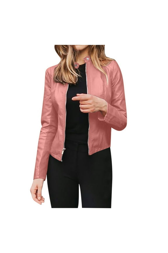 Women Faux Leather Motorcycle Cropped Jacket Fall Casual Bomber Jacket Short Coat 2025 Clearance on Sale Pink S