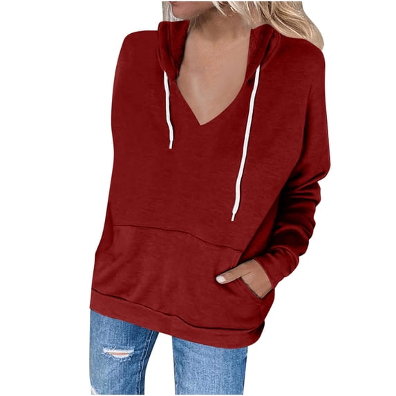 VEKDONE 2025 Long Sleeve V-neck Hoodie for Women Trendy Solid Color Drawstring Pullover Fall Lightweight Comfy Hooded Tops with Pockets 2025 Casual Soft Sweatshirt