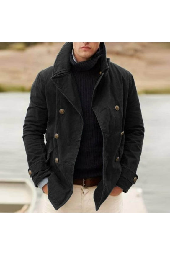 2025 Clearance Men British Style Trench Coat Vintage Notch Lapel Double-Breasted Peacoat Windproof Jacket Gentlemen Cardigan