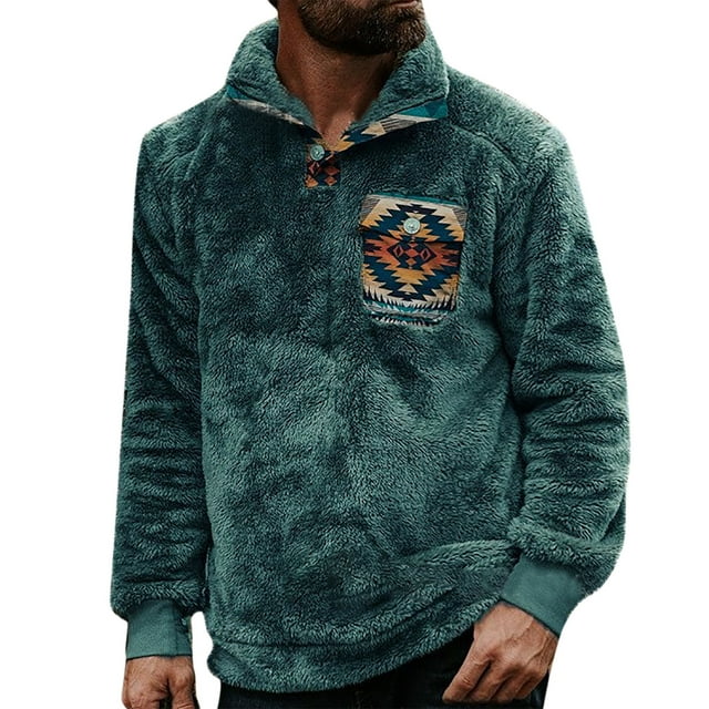 VEKDONE 2025 Clearance Men's Fuzzy Sherpa Fleece Sweatshirt Western Aztec Plaid Jacket Fall Winter Warm Pullover Coat Outerwear with Pocket Blue XXL