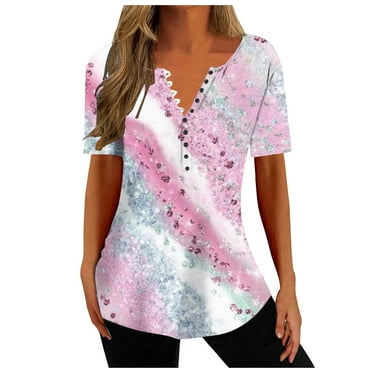 VEKDONE 2025 Clearance Plus Size Shirt for Women Trendy Print Color Block Blouse Summer Short Sleeve Button V-Neck Pullover Casual Loose Fit Outdoor Tunics Tops Pink XXXL