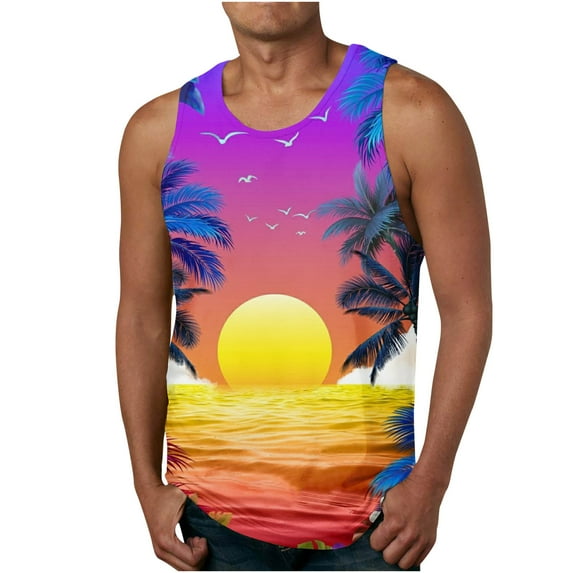 VEKDONE 2025 Clearance Plus Size Tanks Tops for Men Trendy Palm Tree Graphic Tee 3D Print Blouse Casual Beach Vacation Tank Top Outdoor Sport Gym T-shirt Purple XXXL
