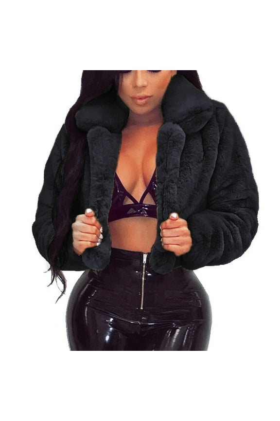 2026 Cropped Faux Fur Jackets for Women Fall Winter Thickened Plush Cardigan Coat Solid Color Warm Outwear Black L