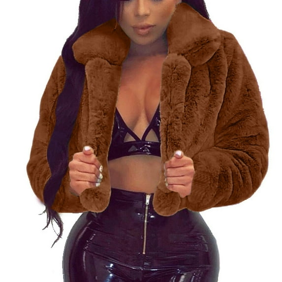 VEKDONE 2025 Clearance Sale Cropped Faux Fur Jackets for Women Fall Winter Thickened Plush Cardigan Coat Solid Color Warm Outwear Brown M