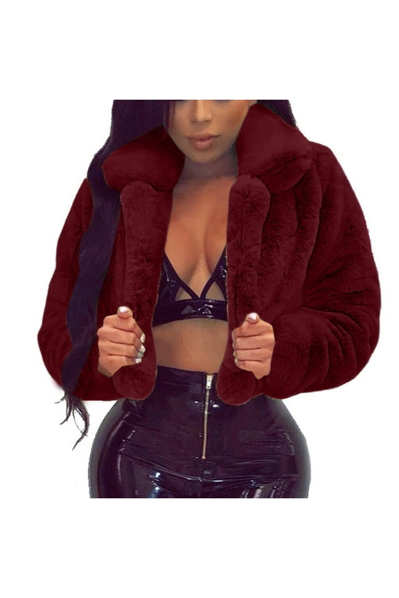 2025 Clearance Sale Cropped Faux Fur Jackets for Women Fall Winter Thickened Plush Cardigan Coat Solid Color Warm Outwear Wine M