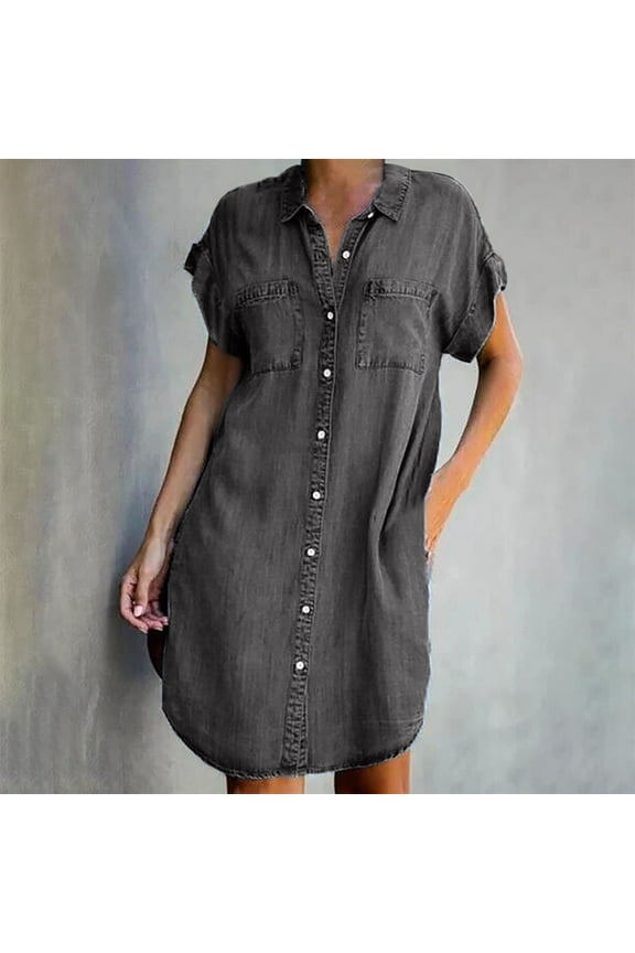 2026 Summer Denim Shirt Dresses for Womens Short Sleeve Loose Jean Midi Dress Button Down Casual Shift Dress Tunic Top