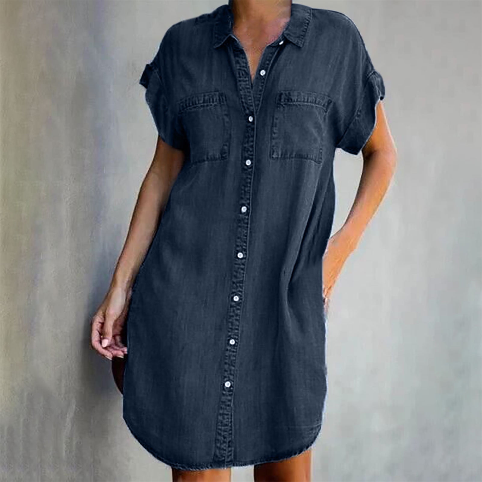 Short Sleeve Button Front Denim Shirt Dress for Casual Comfort