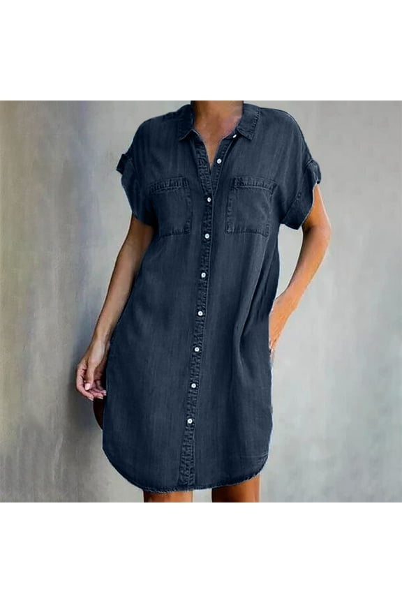 2025 Summer Denim Shirt Dresses for Womens Short Sleeve Loose Jean Midi Dress Button Down Casual Shift Dress Tunic Top