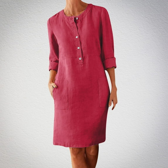 VEKDONE 2025 Women Cotton and Linen Shirt Dress Neck Long Sleeve Casual Loose Maxi Dresses with Two Pockets Solid Button Dress Watermelon Red XXXXL
