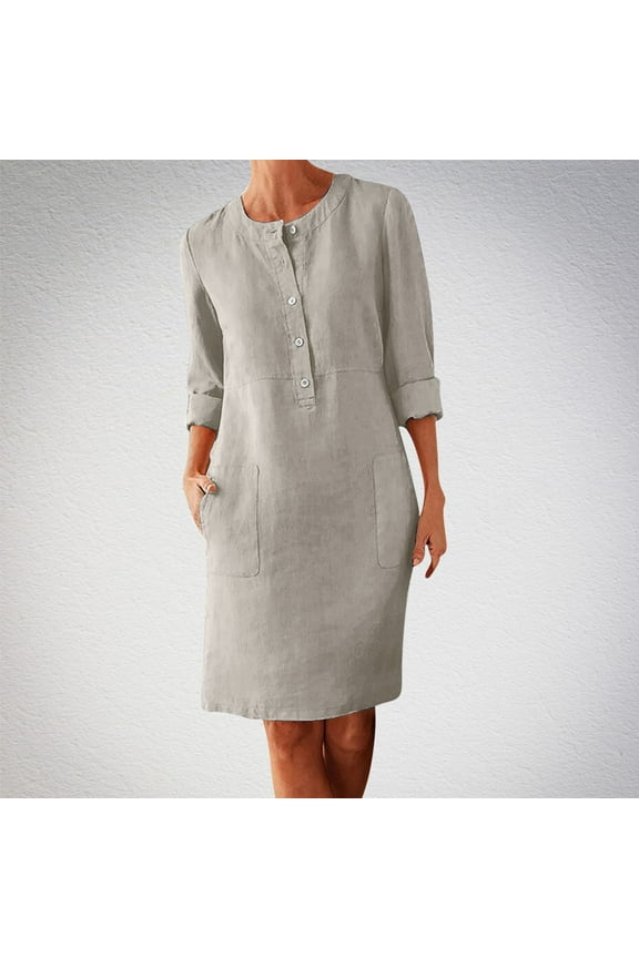 2025 Women Cotton and Linen Shirt Dress Neck Long Sleeve Casual Loose Maxi Dresses with Two Pockets Solid Button Dress Beige XXL