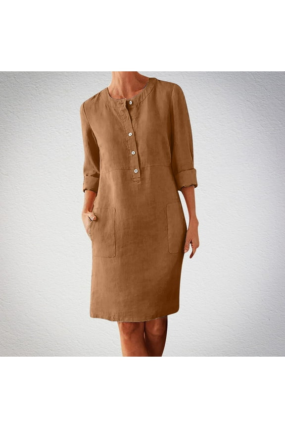 2025 Women Cotton and Linen Shirt Dress Neck Long Sleeve Casual Loose Maxi Dresses with Two Pockets Solid Button Dress Brown XL