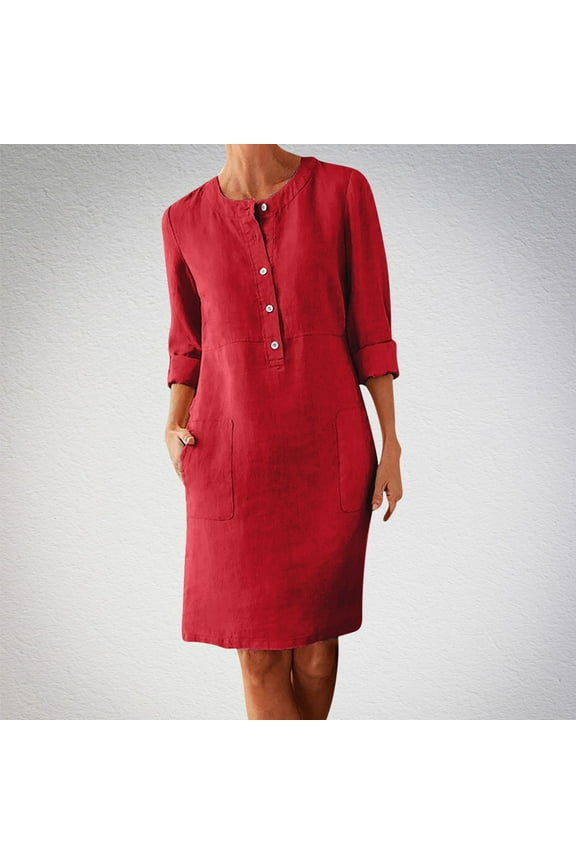2025 Women Cotton and Linen Shirt Dress Neck Long Sleeve Casual Loose Maxi Dresses with Two Pockets Solid Button Dress Red XL