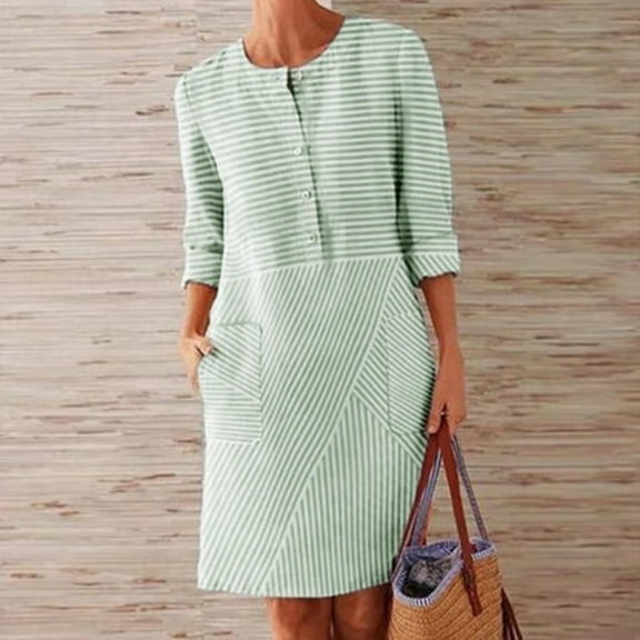 VEKDONE 2026 Women Cotton and Linen Shirt Dress Neck Long Sleeve Casual Loose Maxi Dresses with Two Pockets