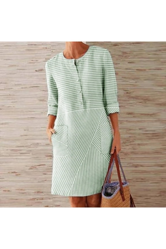 2026 Women Cotton and Linen Shirt Dress Neck Long Sleeve Casual Loose Maxi Dresses with Two Pockets