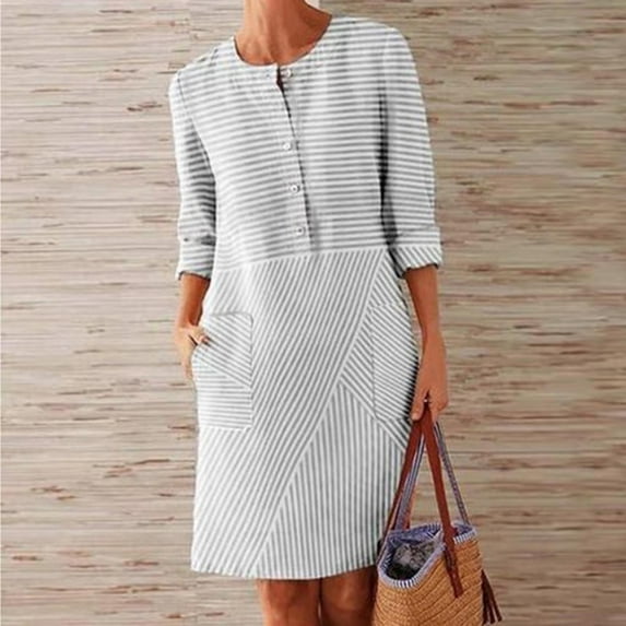 VEKDONE 2025 Clearance Women Cotton and Linen Shirt Dress Neck Long Sleeve Casual Loose Maxi Dresses with Two Pockets