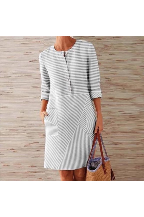 2026 Women Cotton and Linen Shirt Dress Neck Long Sleeve Casual Loose Maxi Dresses with Two Pockets