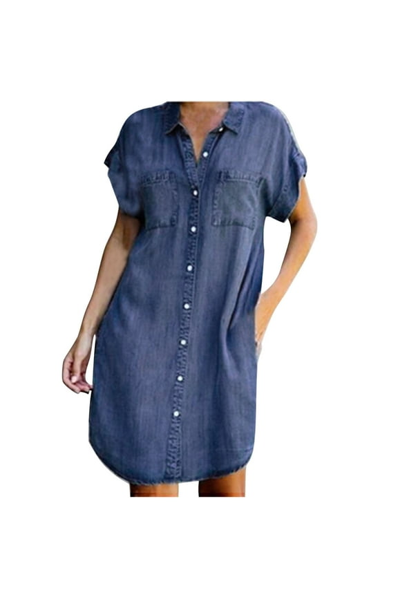 2025 Women Denim Shirt Dresses Cap Short Sleeve Distressed Jean Dress Button Down Casual Tunic Top with Pockets, Dresses for Becah Vacation