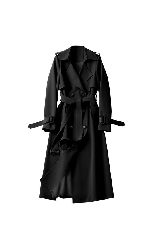 2025 Clearance Women's Double Breasted Long Trench Coat Belted Notch Lapel Overcoat Windproof Classic Outerwear
